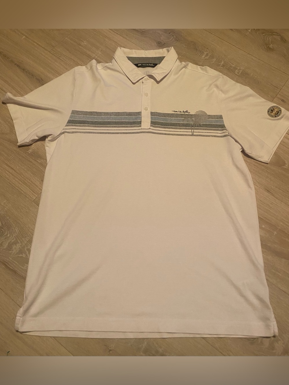 TravisMathew PGA Men's L Striped Golf Polo Shirt Short Sleeve Button Collar Logo